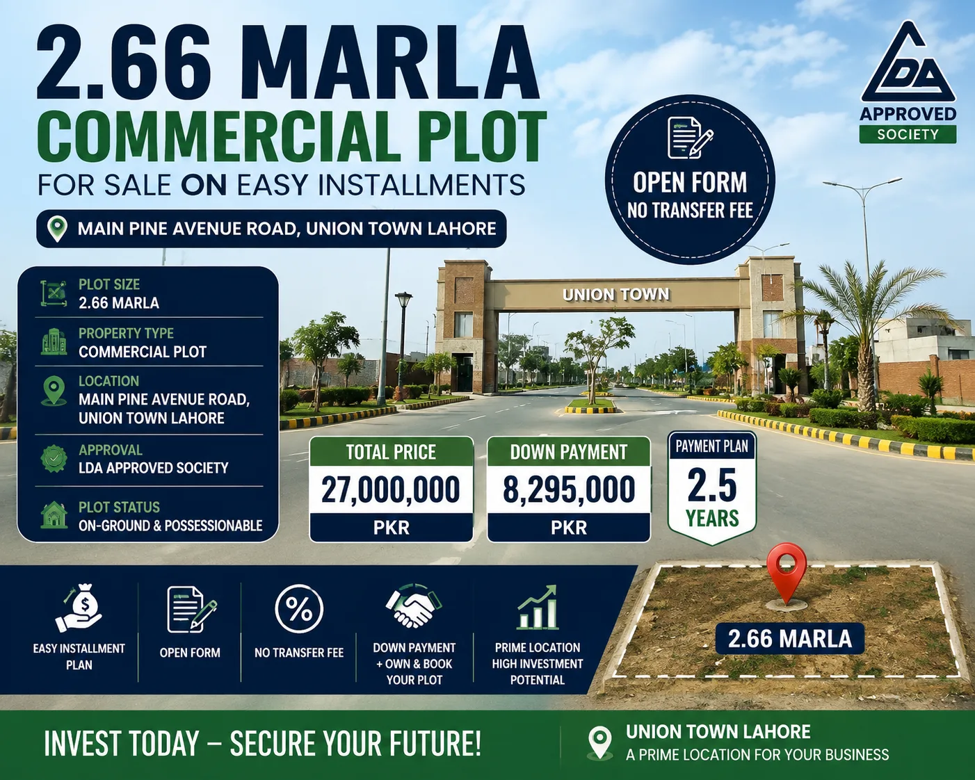 2.66 Marla Commercial Plot for Sale on Easy Installments at Main Pine Avenue Road, Union Town Lahore