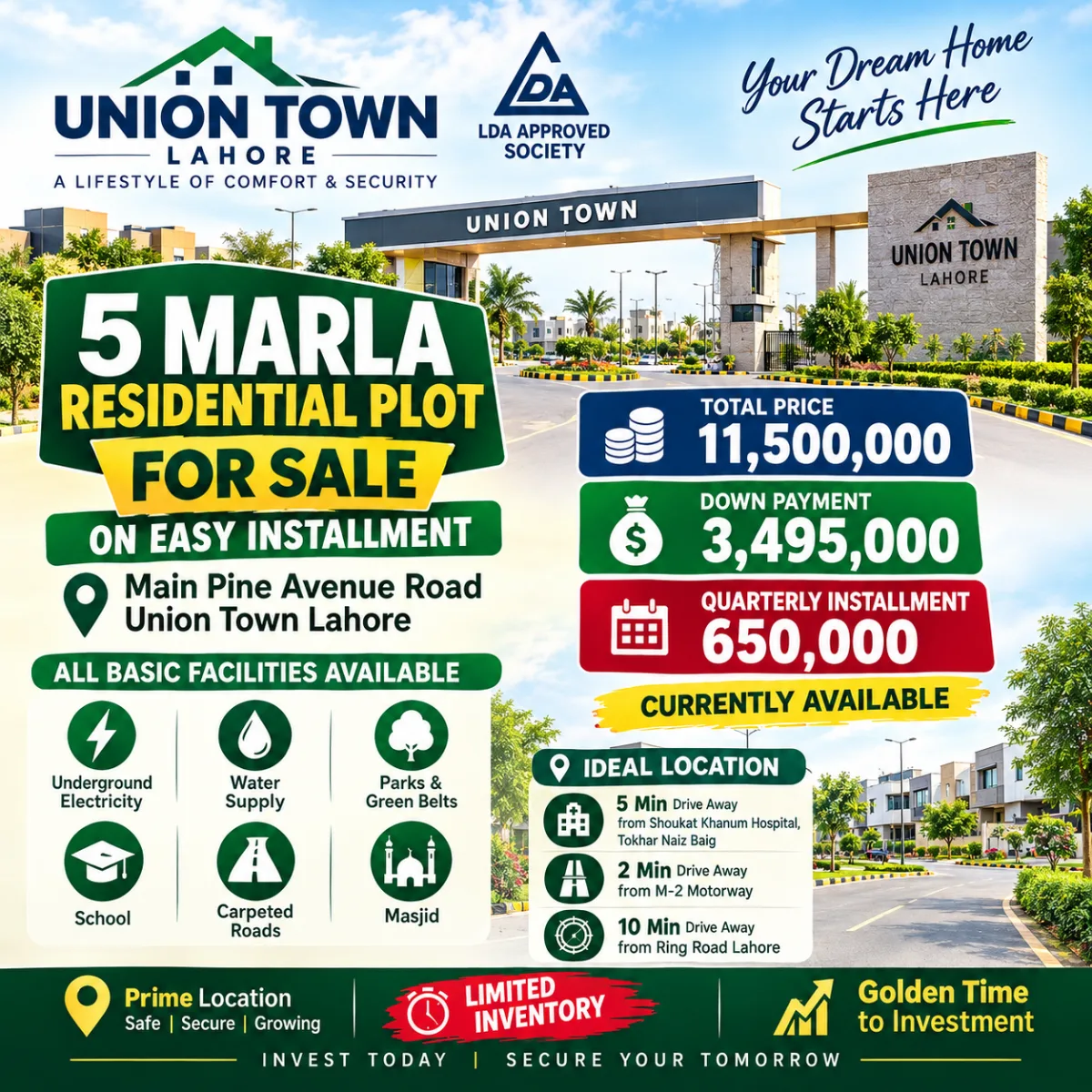 5 Marla Residential Plot for Sale in Union Town Lahore – Easy Installment Plan | Main Pine Avenue Road | LDA Approved Society